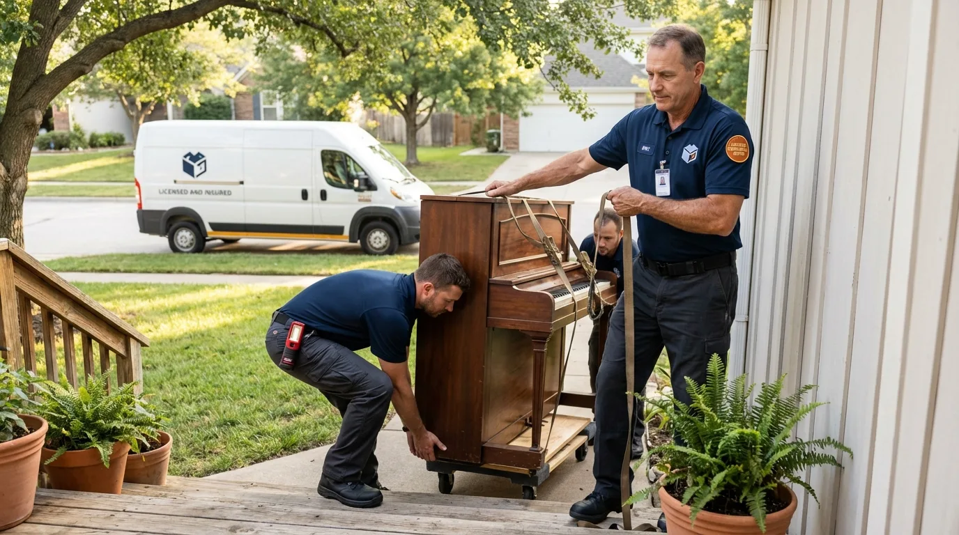 Licensed piano movers securing grand piano in Pelican Rapids, MN