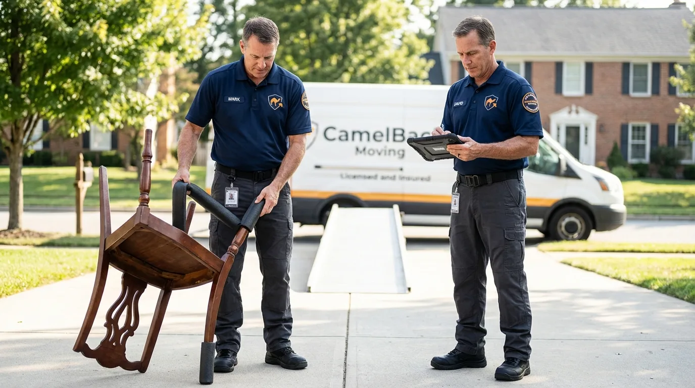 Movers inspecting furniture for damage prevention before loading in Pelican Rapids, MN